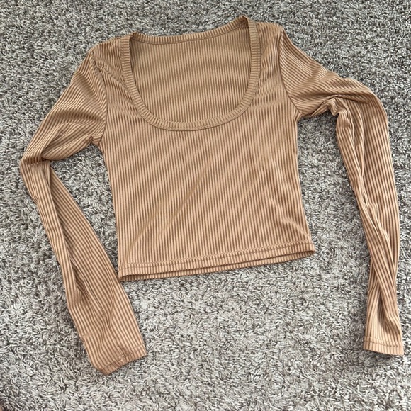 SHEIN Tops - Shein Ribbed Knit Long Sleeve Top Scoop Neck Tan Crop Top